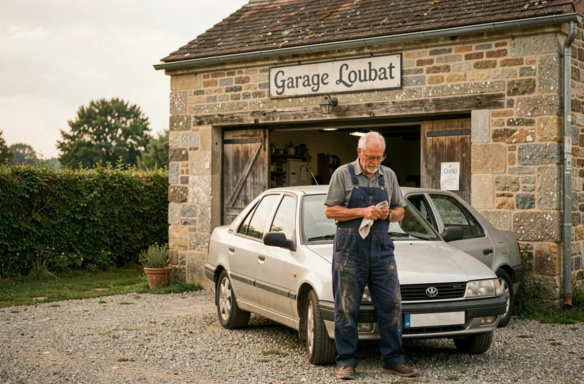 Mécanicien du Garage Loubat en combinaison de travail devant une voiture d'occasion sur un terrain en gravier dans un village de l'Oise