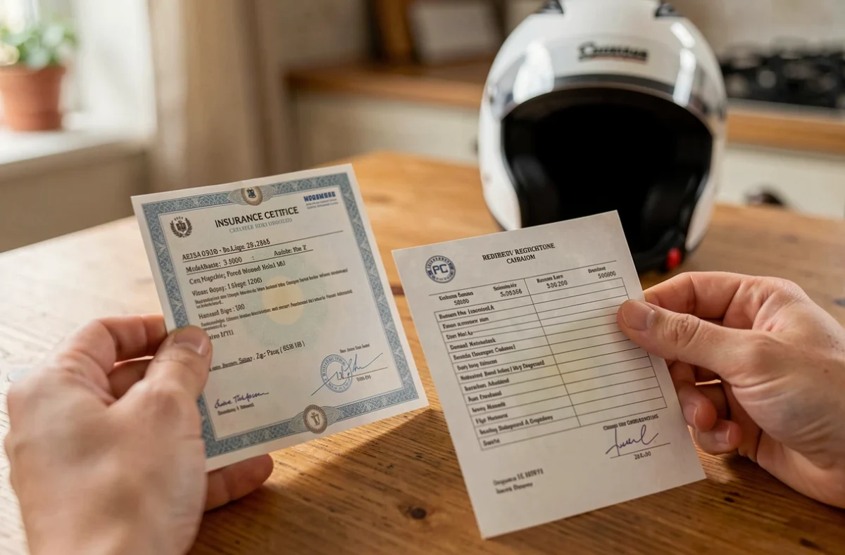 Gros plan sur les documents d'assurance scooter et carte grise posés sur une table