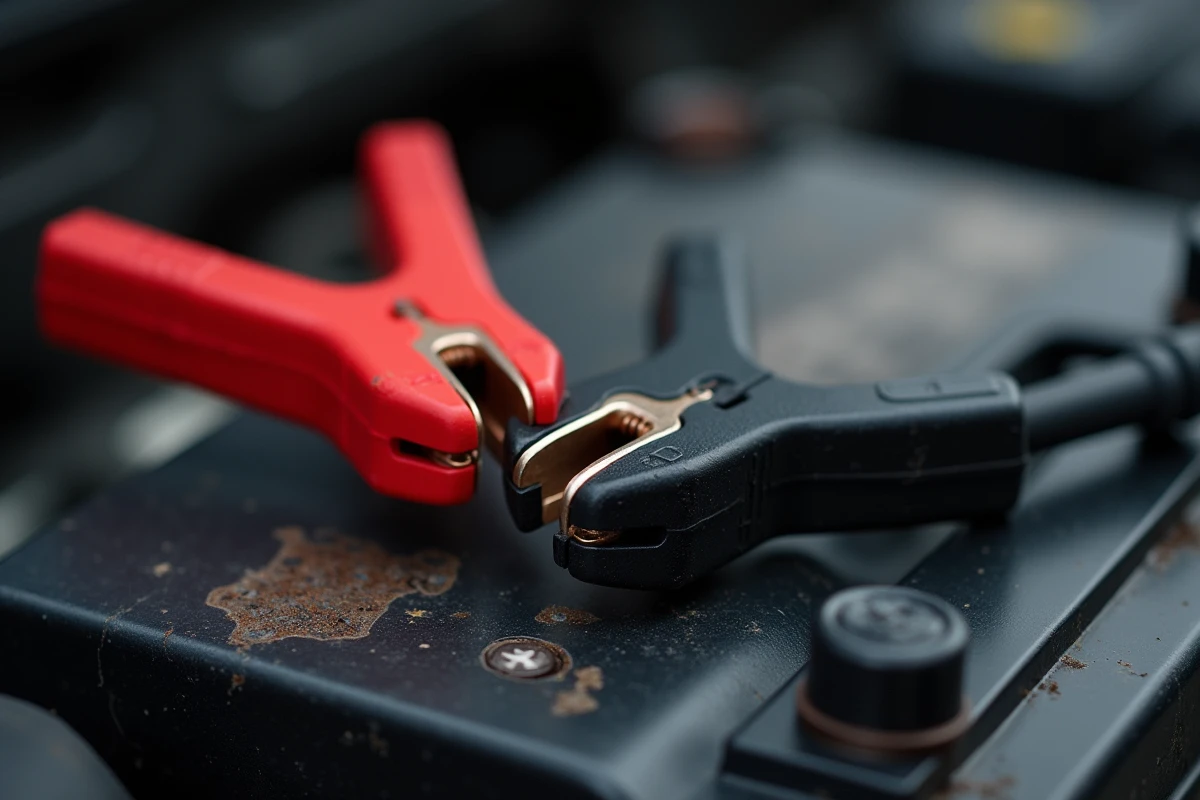 Gros plan sur des pinces de démarrage professionnelles connectées aux bornes d'une batterie de voiture