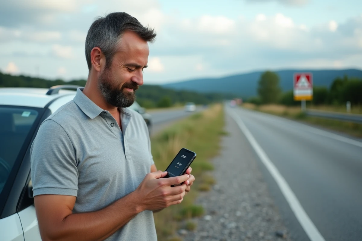 Homme consultant une application de conversion mph kph sur smartphone lors d'un voyage en voiture en Europe