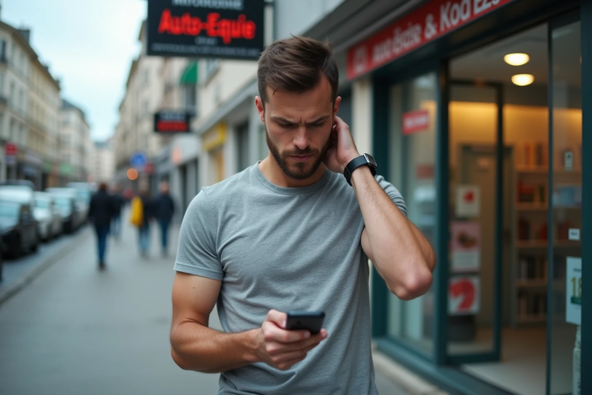 Homme consultant son smartphone devant une auto-école en attendant les résultats de son permis de conduire