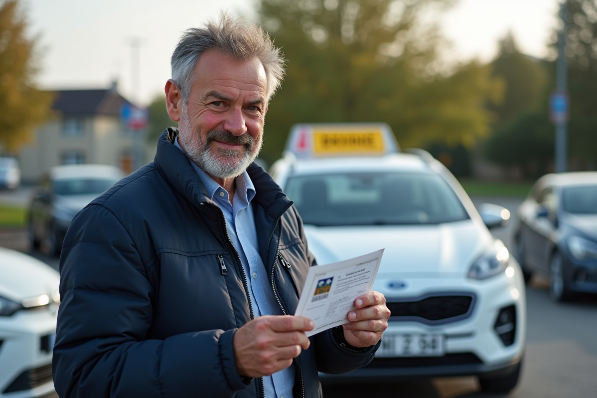 Homme français examine son permis de conduire devant sa voiture