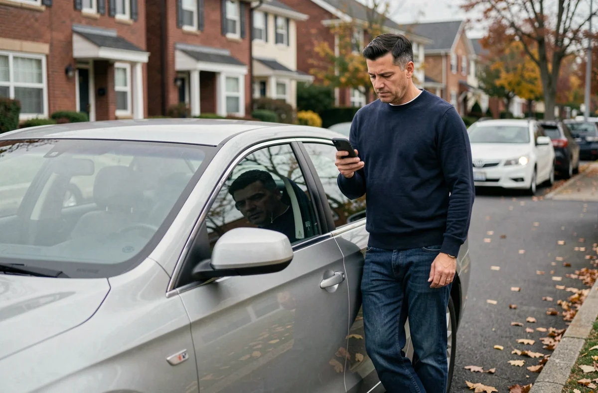 Homme utilisant son smartphone pour calculer le prix de son assurance voiture devant sa berline dans une rue résidentielle