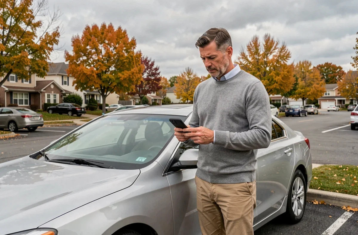 Homme comparant des offres d'assurance auto sur son téléphone à côté de sa voiture