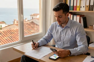 Homme comparant des offres d'assurance scooter à Marseille sur des documents papier et smartphone