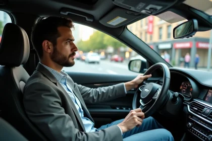 Homme au volant d'une voiture en ville dynamique
