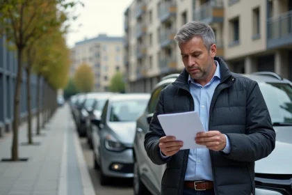 Homme lisant un contrat de leasing à côté d'une Clio 5