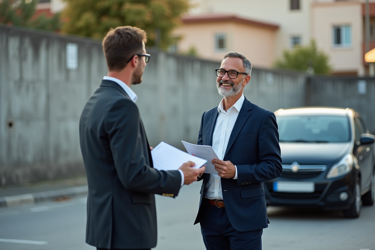 Homme discutant avec agent auto devant voiture
