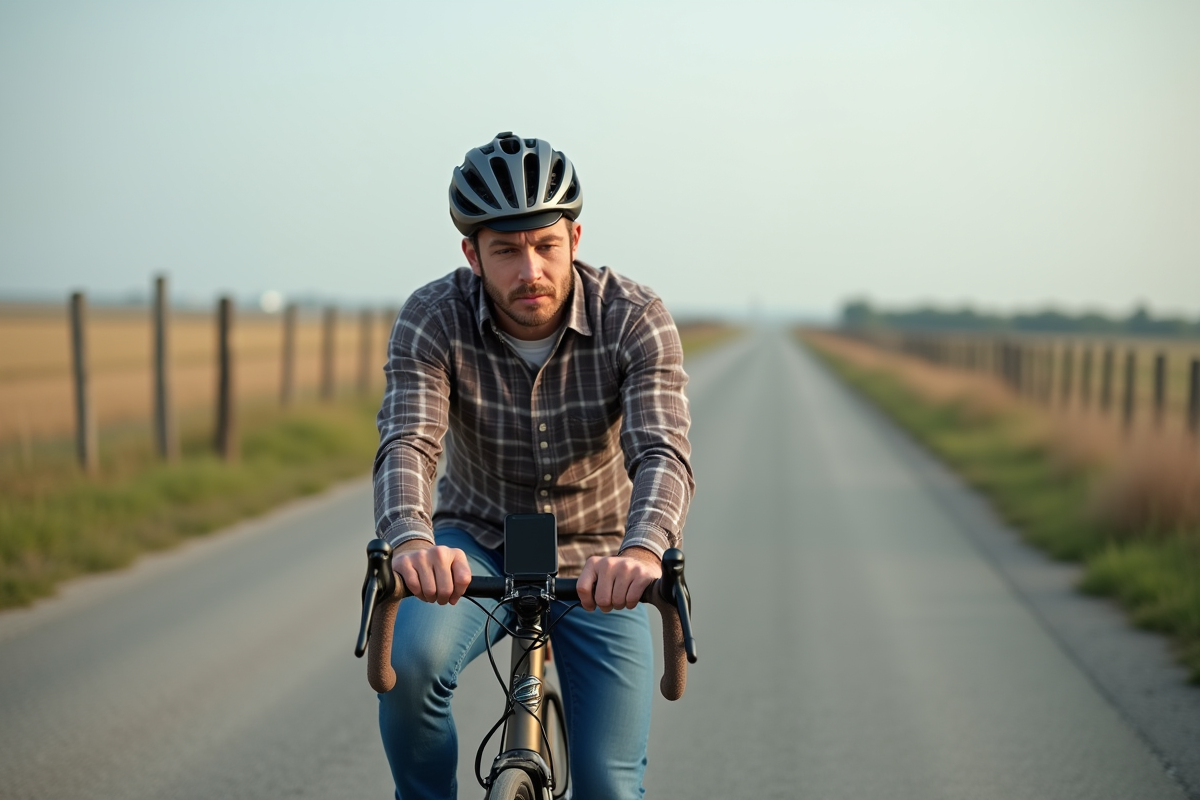 Homme en campagne sécurisant son téléphone sur vélo