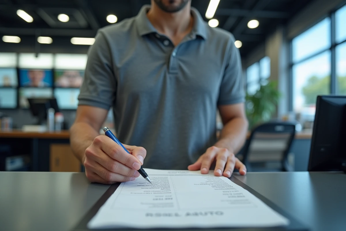 Homme consultant le détail d'une facture carte grise au comptoir Norauto