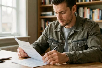 Homme consultant des documents d'assurance scooter à son bureau à domicile