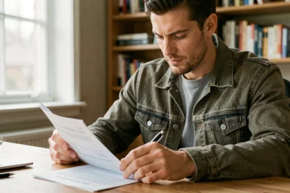 Homme consultant des documents d'assurance scooter à son bureau à domicile