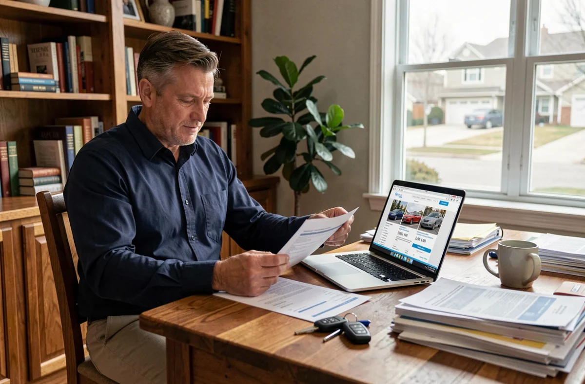 Homme consultant des documents d'assurance pour véhicule électrique dans un bureau à domicile