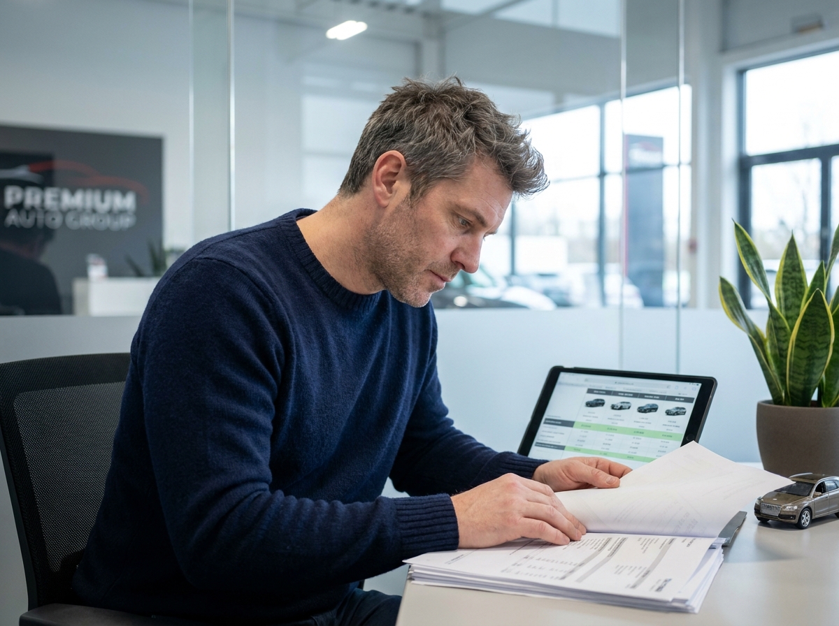 Homme consultant des documents de financement automobile dans un bureau de concessionnaire pour optimiser son budget