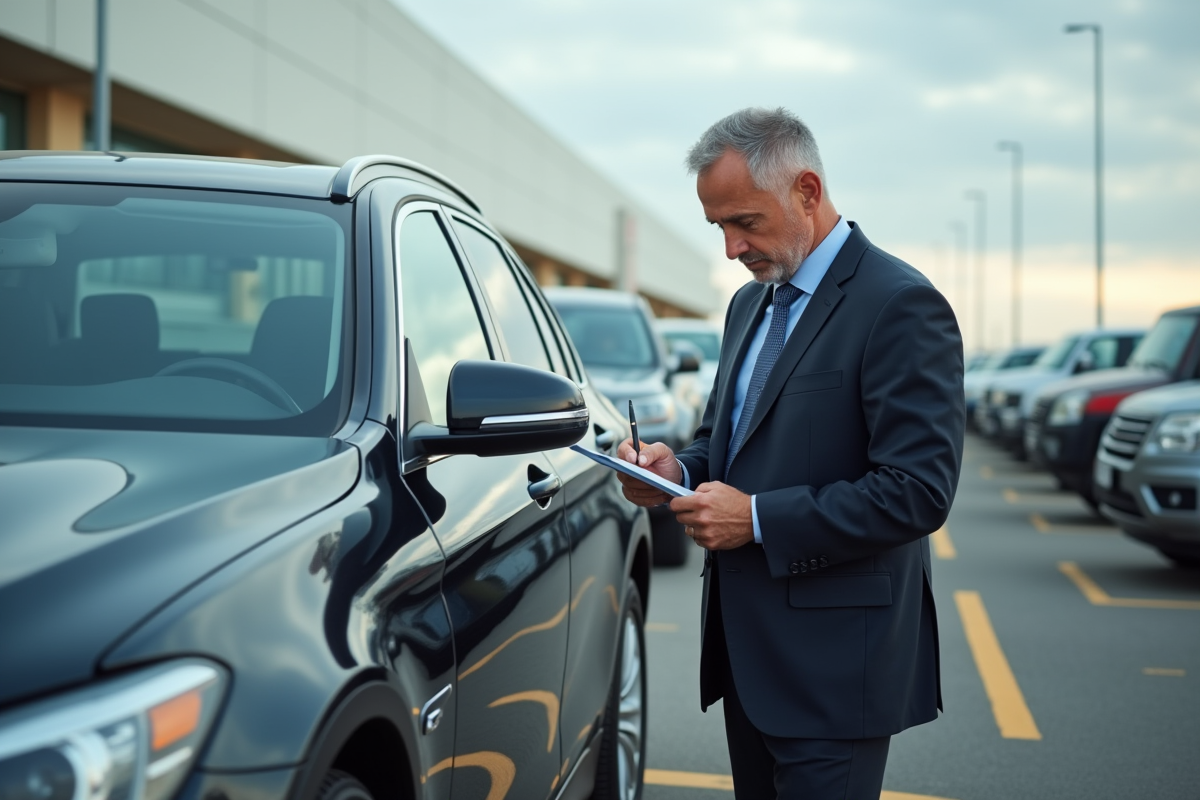 Homme en costume inspectant une voiture de location à l