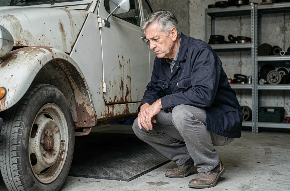Homme d'âge mûr inspectant le dessous d'une vieille voiture sans permis dans un garage résidentiel avec des signes évidents d'usure