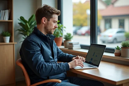 Homme en veste bleue consulte des avis sur son ordinateur