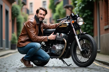 Homme souriant à côté de sa Kawasaki KZ 400 vintage