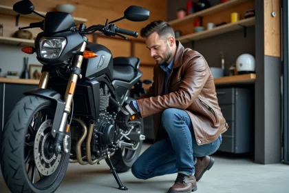 Homme en blouson en cuir vérifiant une moto sportive dans un garage moderne