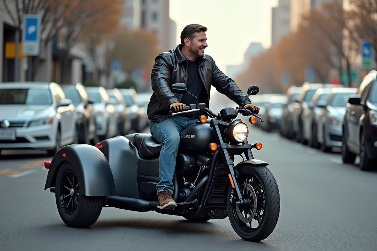 Homme en moto trike en ville avec casque et sourire