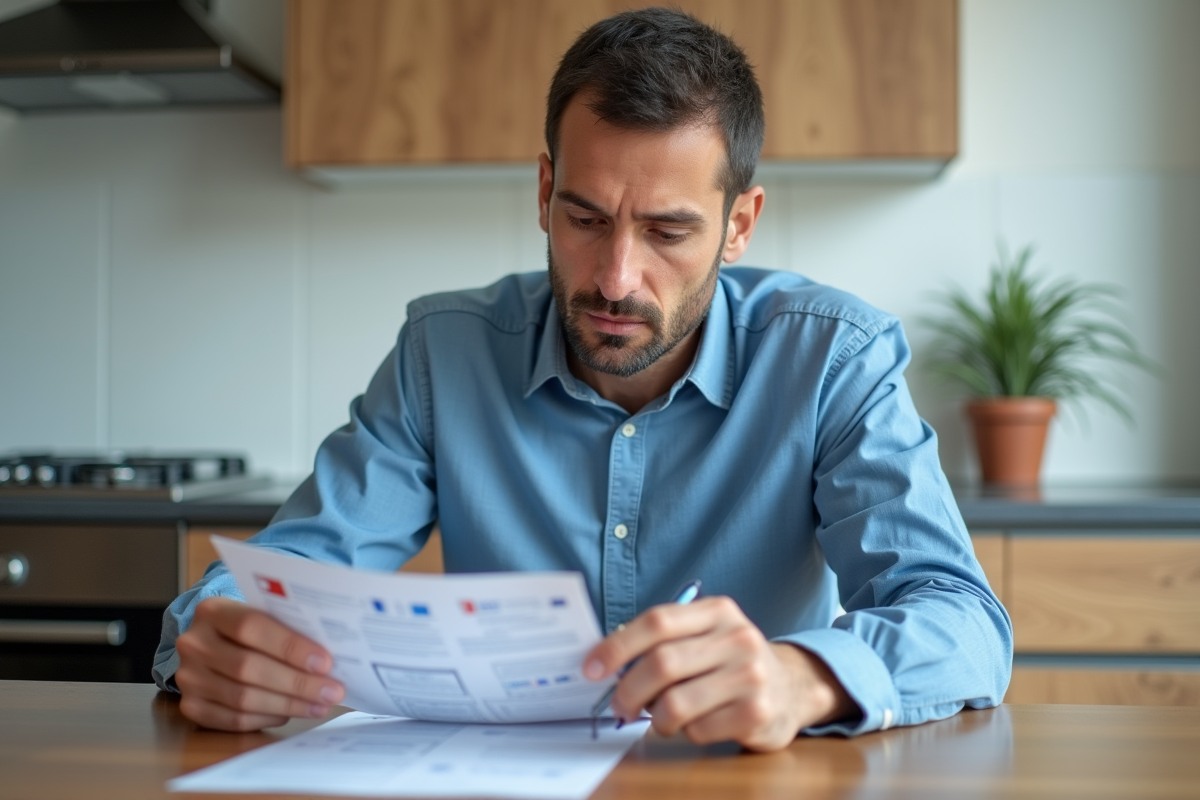 Homme comparant ses papiers français dans la cuisine lumineuse