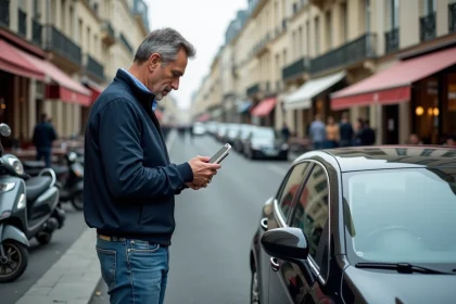 Homme examinant un ticket de stationnement à Paris