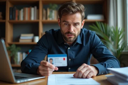 Homme tenant son permis de conduire français avec le code 79 visible, assis à son bureau à domicile en train d'examiner des documents administratifs
