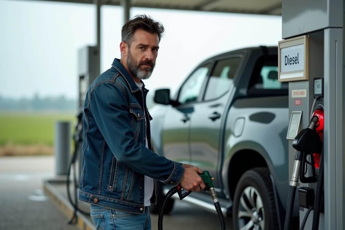 Homme compare deux pompes GPL et Diesel à la station