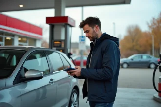 Homme consultant le prix du carburant à une pompe essence dans une station-service urbaine