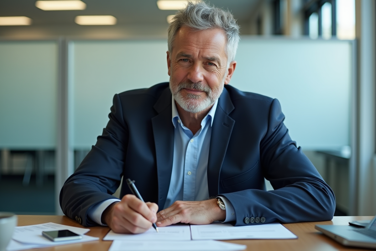Homme d'âge moyen signant son permis dans un bureau moderne