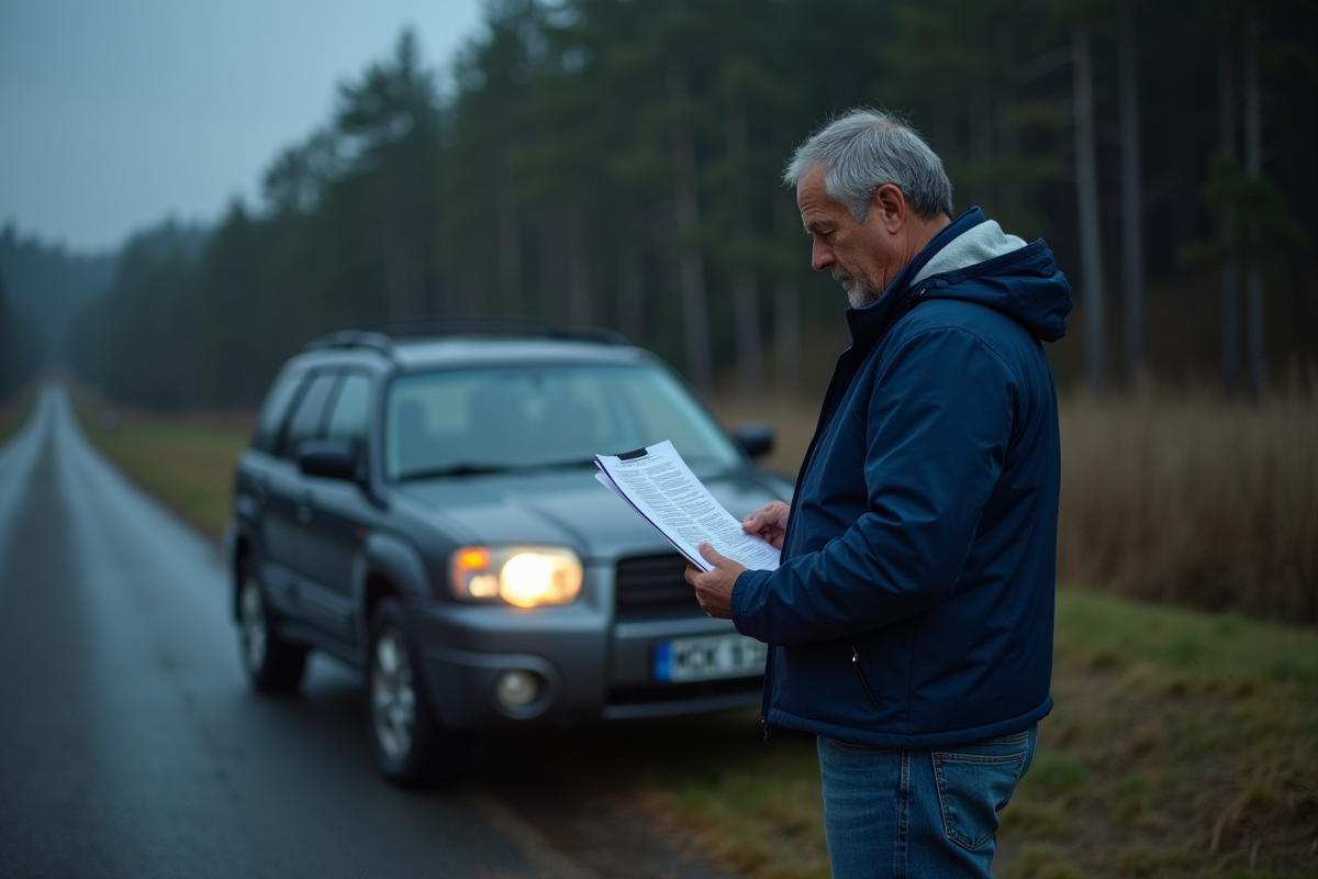 Homme d'âge moyen vérifiant ses phares la nuit sur une route rurale