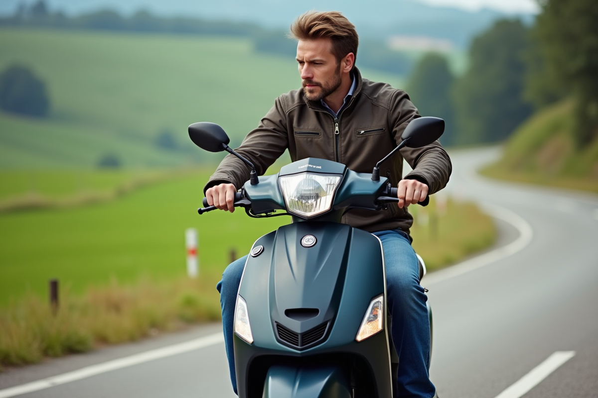 Homme confiant sur scooter 500cc en campagne