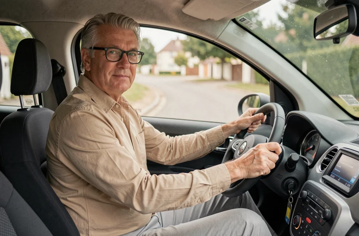 Homme senior au volant d'une voiture sans permis moderne testant le véhicule sur route