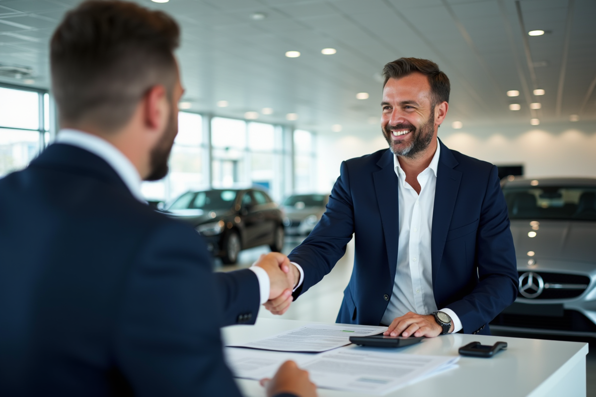 Homme souriant signant un contrat de voiture dans un showroom