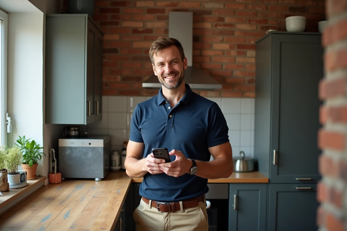 Homme consultant son smartphone dans une cuisine en cours de déménagement pour gérer une annonce payante sur Leboncoin afin de vendre rapidement ses affaires