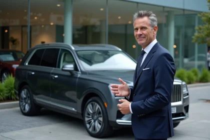 Homme en costume devant une voiture de luxe urbaine