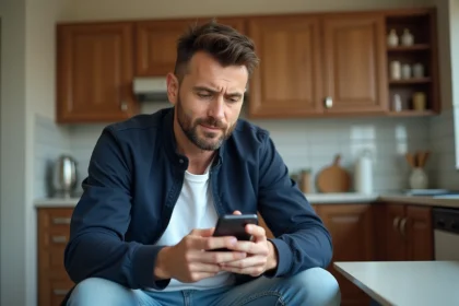 Homme en intérieur utilisant son smartphone pour l'assurance