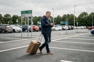 Homme tirant une valise dans un parking de covoiturage Vinci Autoroutes en France, illustrant le stationnement longue durée