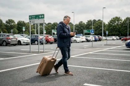 Homme tirant une valise dans un parking de covoiturage Vinci Autoroutes en France, illustrant le stationnement longue durée