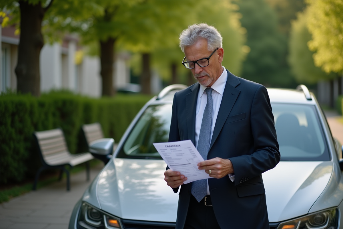 Homme vérifiant attestation permis B devant sa voiture