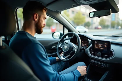 Homme concentré sur l'écran du tableau de bord de sa voiture