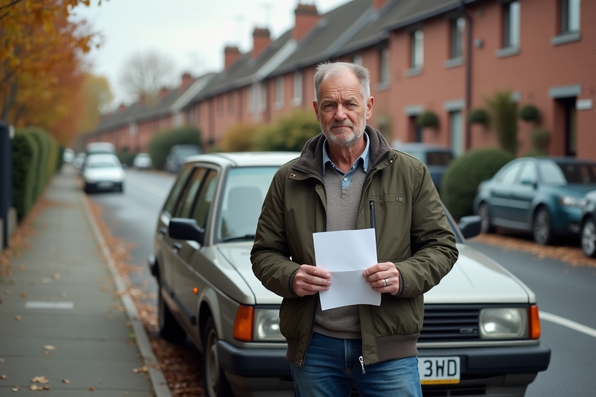 Homme d'âge moyen avec voiture diesel ancienne et avis officiel