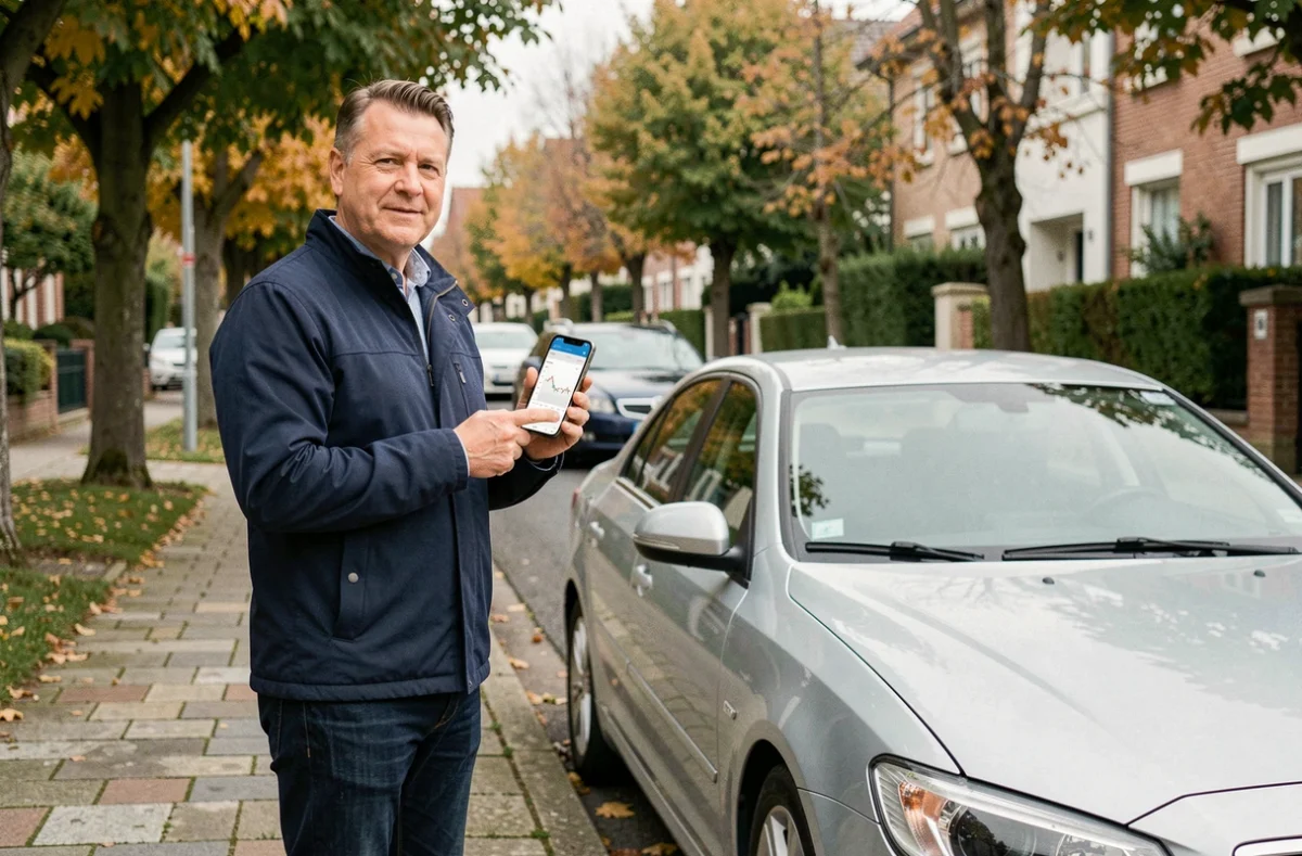 Homme devant sa voiture vérifiant la baisse annuelle de son assurance auto sur une application mobile