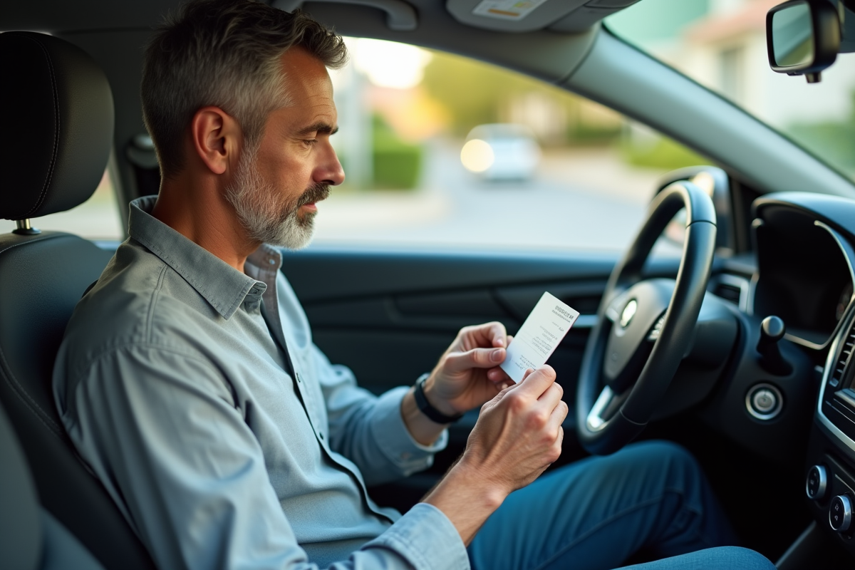 Homme d'âge moyen tenant une carte d'assurance dans sa voiture