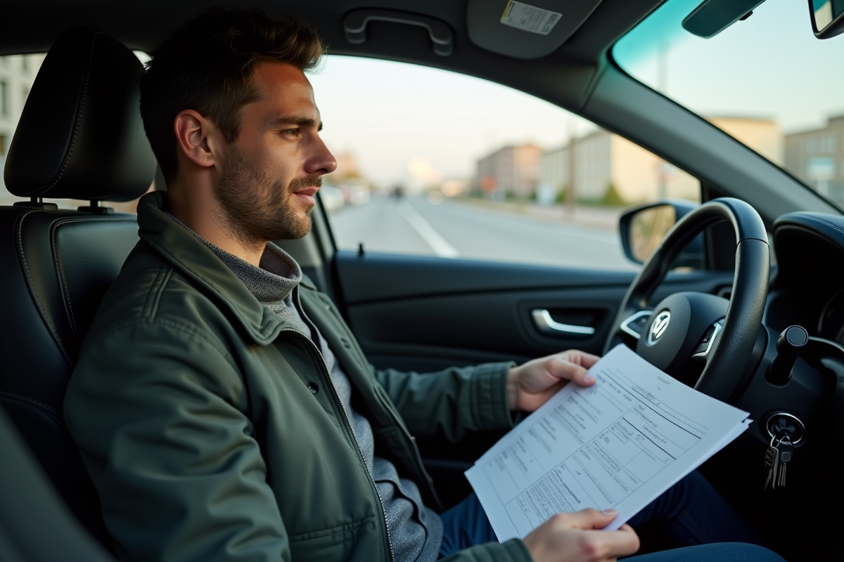 Jeune homme dans une voiture avec certificat d