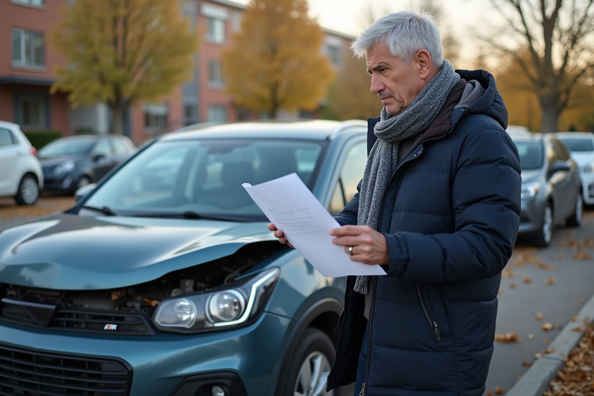Homme d'âge moyen avec documents près d'une voiture endommagée