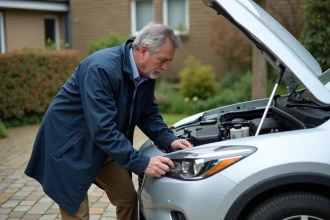 Homme d'âge moyen inspectant le moteur de sa voiture