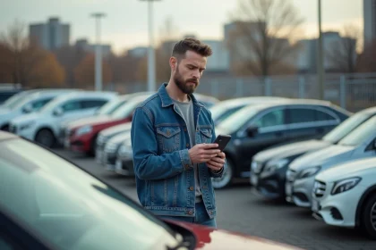 Homme examine une voiture d'occasion dans un concessionnaire urbain