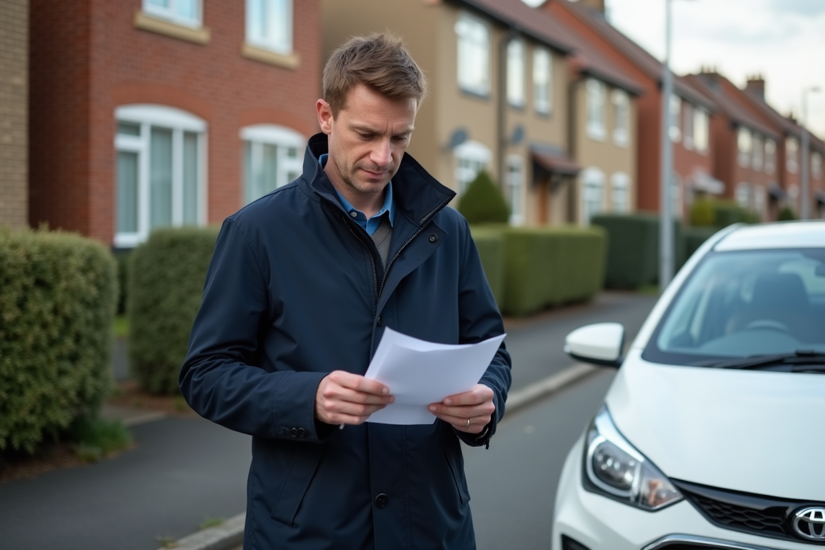Homme d'âge moyen lisant un document près d'une voiture en banlieue