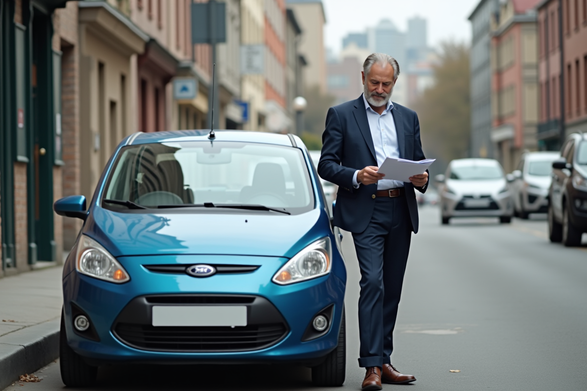 Homme d'une quarantaine près de sa voiture urbaine